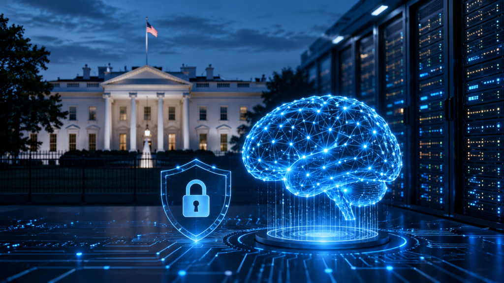 Illustration of the White House and an artificial intelligence system representing reported discussions about delaying the GPT-5.6 release over safety concerns.