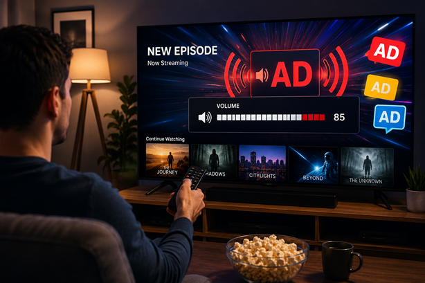 Person watching content on a smart TV while adjusting the volume with a remote control as digital streaming advertisements appear on screen in a modern living room.