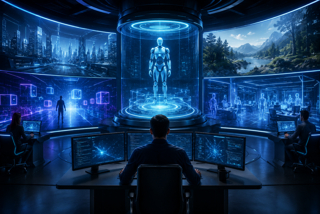 Futuristic AI testing laboratory with digital simulations evaluating autonomous AI agents in virtual environments