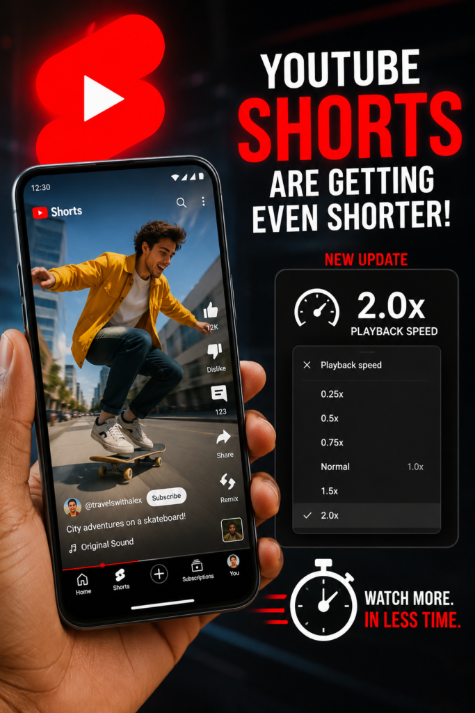 Smartphone displaying YouTube Shorts with 2x playback speed feature and modern social media interface